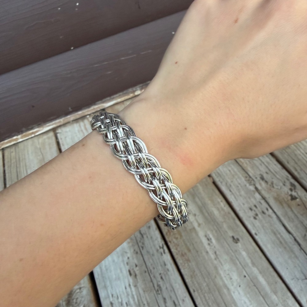 Silver Woven Braided Basketweave Bracelet Toggle Clasp Heavy Boho Western